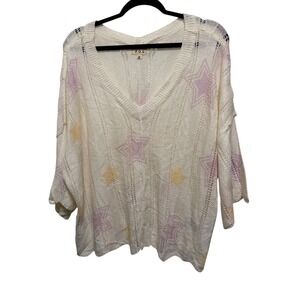 POL Star Print Knit Sweater Top Ivory Pink Yellow V Neck Oversized